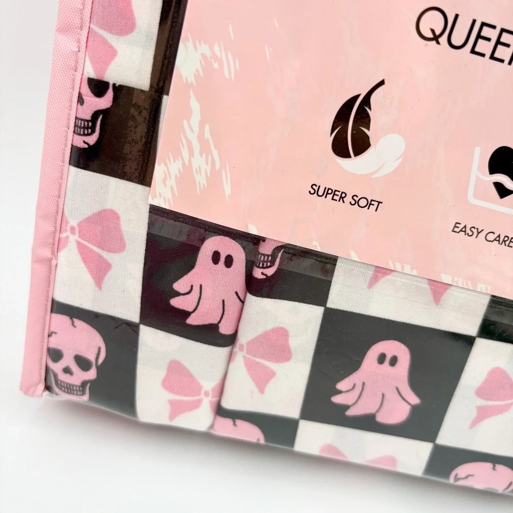 Betsey Johnson BOW Halloween Sheet Set Queen Ghost Bow Check Checkered NEW